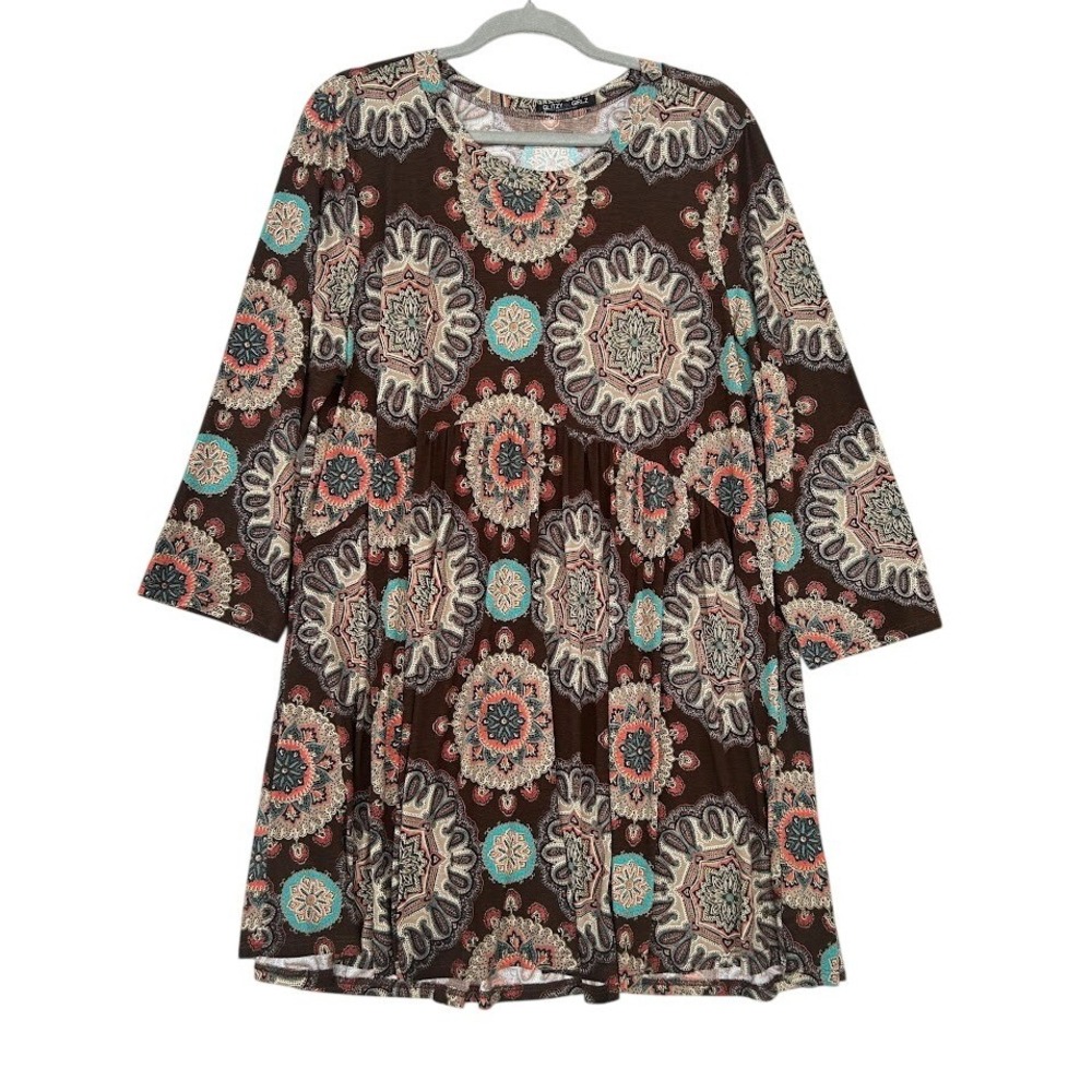Glitzy Girlz Brown Mandala Paisley‎ Empire Waist Babydoll Top Blouse Womens 3X